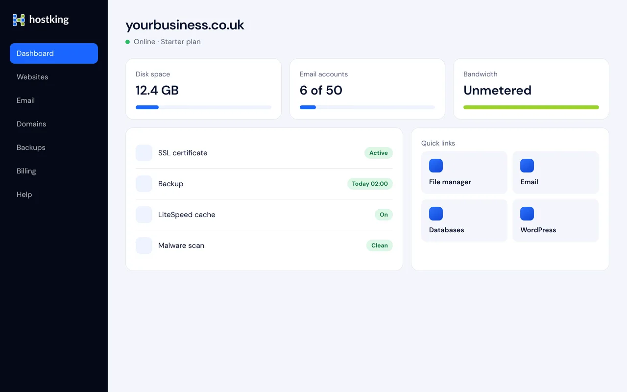 The Hostking hosting dashboard